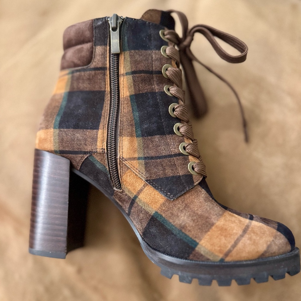 PAIGE Brown Plaid Heeled Boots
